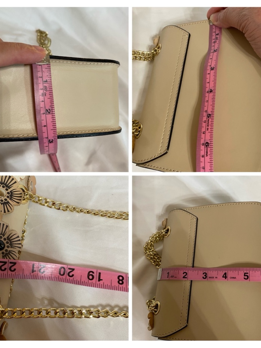 Beige Floral Italian Leather Shoulder Bag, Dinky Size w/Tea Rose Appliqué - Picture 13 of 16